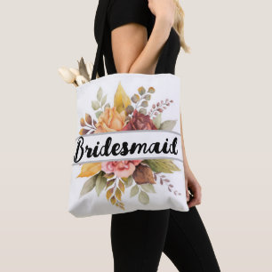 Bridesmaid Burgundy Floral Text Fall Wedding  Tote