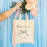 Bridesmaid | Choose any Colour Coquette Bow Tote Bag<br><div class="desc">This stylish,  whimsical tote says "Bridesmaid" in chic,  handwritten script with an illustrated coquette bow and a spot for her name. You can customize the tote by choosing any colour for the text and bow,  so your bridal wedding party can match.</div>