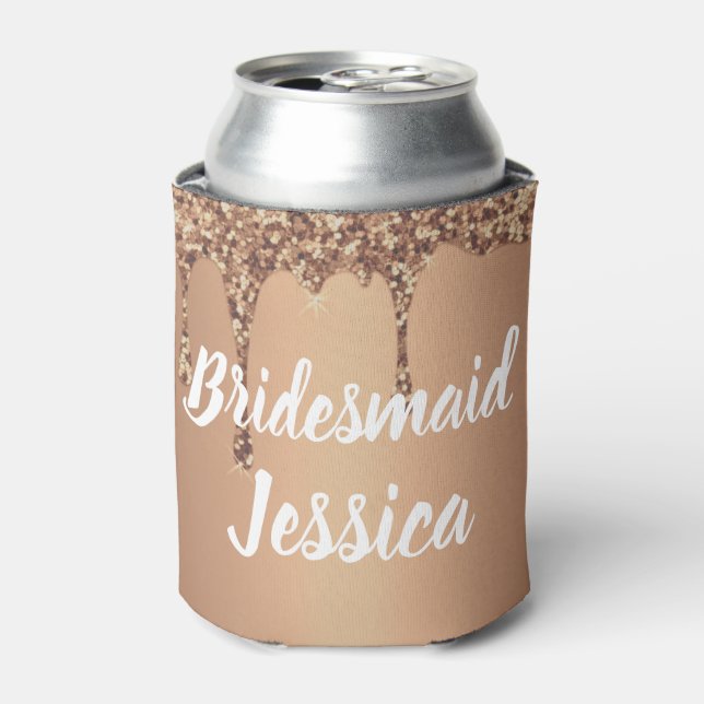 Bridesmaid Copper Gold Drip Glitter Weddings Can Cooler (Can Front)