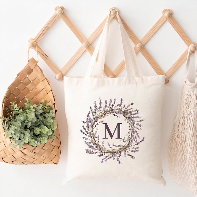 Bridesmaid | Custom Lavender Floral Monogram Bride Tote Bag (bridesmaid proposal tote bag gift, wedding party floral tote bag, personalized initial tote bag gift)