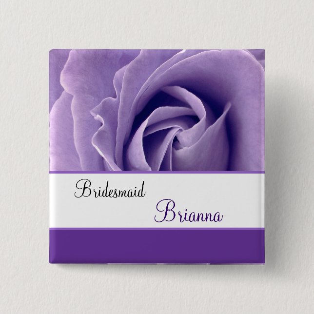 BRIDESMAID Custom Name Lavender Purple Rose 2 Inch Square Button (Front)