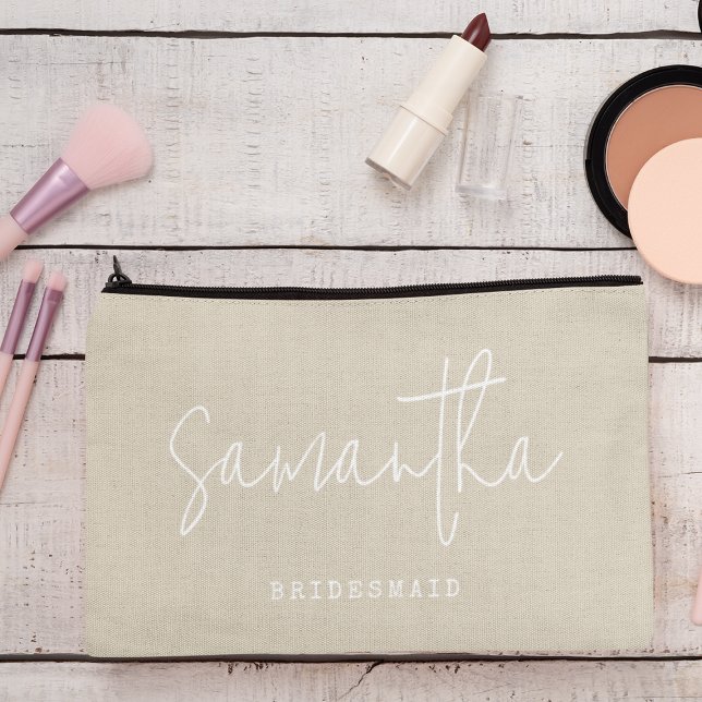 Bridesmaid Custom Name Script Neutral Chic Accessory Pouch (Creator Uploaded)
