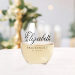 Bridesmaid Custom Personalised Name Wedding Party Stemless Wine Glass<br><div class="desc">Bridesmaid Custom Personalised Name Wedding Party Stemless Wine Glass features your bridesmaid's name in elegant calligraphy script with the text "Bridesmaid" and your wedding date below. Custom made for your bridesmaids. Makes a fabulous bridesmaid gift or wedding favour. Designed by ©2025 Evco Studio www.zazzle.com/store/evcostudio</div>