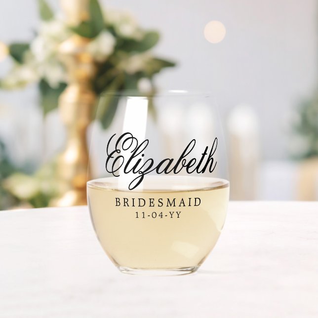 Bridesmaid Custom Personalised Name Wedding Party Stemless Wine Glass (Insitu (Wedding))