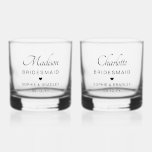 Bridesmaid Custom Personalised Name Wedding Party Whiskey Glass<br><div class="desc">Bridesmaid Custom Personalised Name Wedding Party Wiskey Glass Rocks Glass features your bridesmaid's name with the bridal couple's names and wedding date accented with a small love heart. Custom made for your bridesmaids. Makes a fabulous bridesmaid gift or wedding favour. Designed by ©2024 Evco Studio www.zazzle.com/store/evcostudio</div>