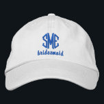 Bridesmaid Custom Wedding Monogrammed Baseball Cap<br><div class="desc">Surprise your bridesmaids with this cool baseball style cap that features their 3 letter monogram and the word bridesmaid below. Pictured above is a khaki cap with royal blue text but you can easily change the cap and text colours to match your wedding theme/colours. This makes an awesome bachelorette party...</div>