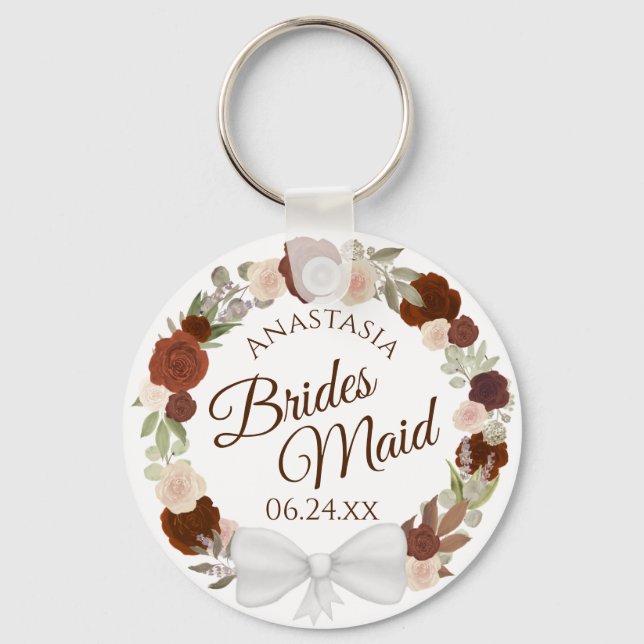 Bridesmaid Elegant Autumn Floral Wreath Wedding Keychain (Front)