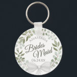 Bridesmaid Elegant Eucalyptus Wreath Wedding Keychain<br><div class="desc">These keychains are designed to give as favours to bridesmaids in your wedding party. They feature a rustic hand painted watercolor design with a wreath of eucalyptus leaves and foliage in shades of mint, moss, and sage green. The text is written in elegant script letters, and there is room for...</div>