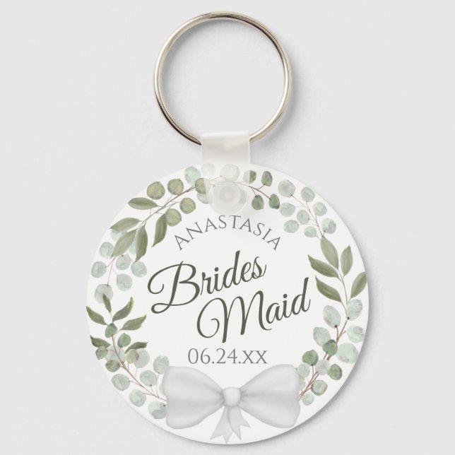 Bridesmaid Elegant Eucalyptus Wreath Wedding Keychain (Front)