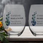 Bridesmaid Eucalyptus Greenery Custom Wedding Stemless Wine Glass<br><div class="desc">Personalized wine glasses for you to customize with name of your bridesmaid - or anyone in your wedding party. You can also add the bride and groom's names and the wedding date. This delicate design has a sprig of eucalyptus leaves on a watercolor wash with watercolor greenery and foliage in...</div>