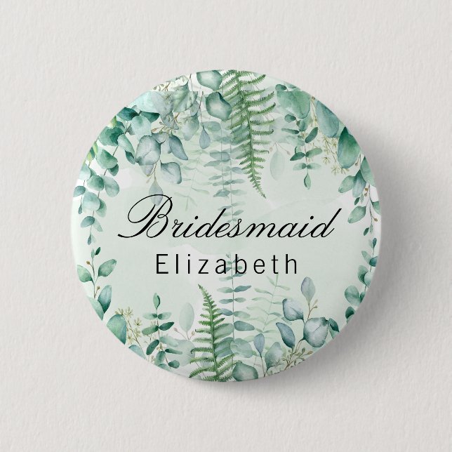 Bridesmaid eucalyptus greenery woodland forest 2 inch round button (Front)