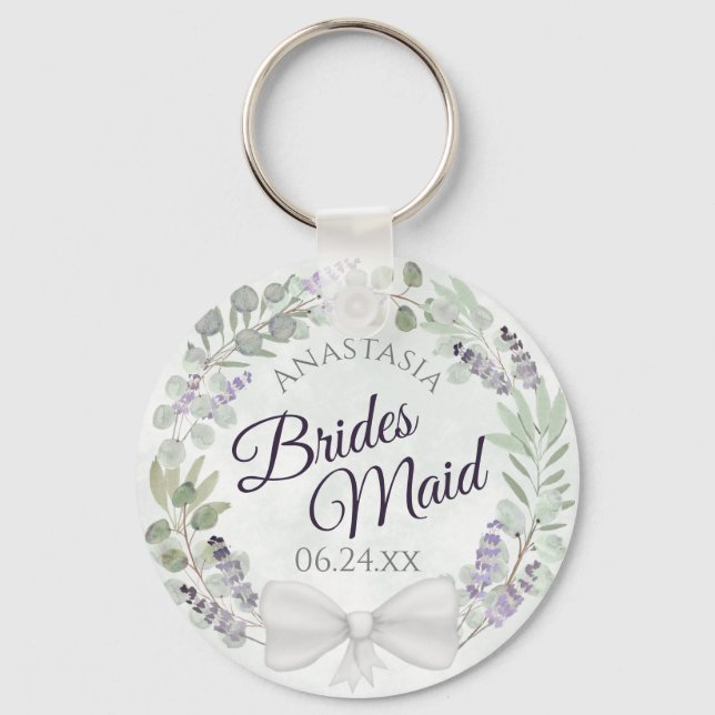 Bridesmaid Eucalyptus & Lavender Wreath Wedding Keychain (Front)