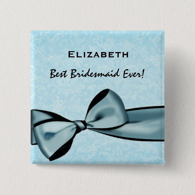 Bridesmaid Faux Blue Satin Bow Custom Name 2 Inch Square Button (Front)