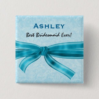 Bridesmaid Faux Blue Satin Bow Custom Name 2 Inch Square Button