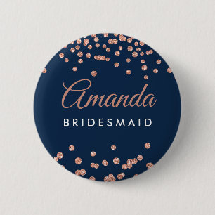 Bridesmaid Favour Rose Gold Glitter Confetti Navy 2 Inch Round Button