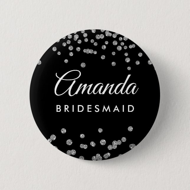 Bridesmaid Favour Silver Glitter Confetti Black 2 Inch Round Button (Front)