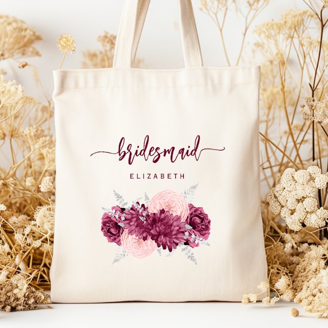 Bridesmaid Floral Burgundy Blush Script Tote Bag (Creator Uploaded)