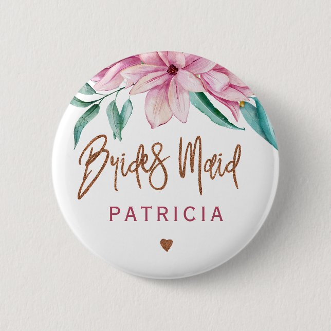 Bridesmaid floral pink copper bridal shower 2 inch round button (Front)