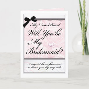 Bridesmaid Friend Wedding Party Pink Roses Hearts Card