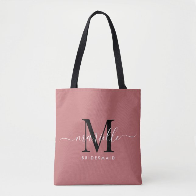 Bridesmaid Gift Black White Monogram Dusty Rose Tote Bag (Front)