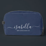 Bridesmaid Gift Blue Dopp Kit<br><div class="desc">This Bridesmaid accessory bag features a handwritten white script typography with swashes on a midnight or navy blue background. Present your bridesmaids with a toiletry bag for their makeup and small items traditionally presented at the rehearsal dinner,  for use in the early morning before the wedding.</div>