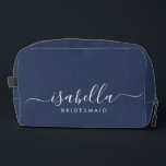 Bridesmaid Gift Blue Dopp Kit<br><div class="desc">This Bridesmaid accessory bag features a handwritten white script typography with swashes on a midnight or navy blue background. Present your bridesmaids with a toiletry bag for their makeup and small items traditionally presented at the rehearsal dinner, for use in the early morning before the wedding.</div>
