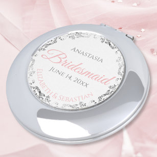 Bridesmaid Gift Compact Mirror Pink Silver