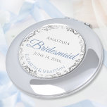 Bridesmaid Gift Dusty Blue & Silver Lace Compact Mirror<br><div class="desc">These compact mirrors are designed to give as favours to the bridesmaids in your wedding party. They feature a simple yet elegant design with a white background, dusty blue script lettering, and a silver grey faux foil floral lace border. Perfect way to thank your bridesmaids for being a part of...</div>