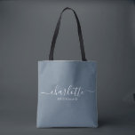 Bridesmaid Gift Dusty Blue Tote Bag<br><div class="desc">This Bridesmaid accessory bag features a handwritten white script typography with swashes on a slate blue background. Present your bridesmaids with a tote bag for their small items. Traditionally presented at the rehearsal dinner, for use in the early morning before the wedding.</div>