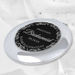 Bridesmaid Gift Elegant Black & Silver Lace Compact Mirror<br><div class="desc">These compact mirrors are designed to give as favors to the bridesmaids in your wedding party. They feature a simple yet elegant design with a classic black background, script lettering, and a silver gray faux foil floral lace border. Perfect way to thank your bridesmaids for being a part of your...</div>