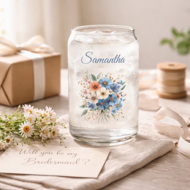 Bridesmaid Gift Elegant Blue Floral Personalized Can Glass (Creator Uploaded)