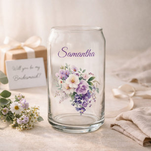 Bridesmaid Gift Elegant Purple Floral Personalized Can Glass