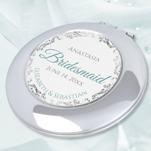 Bridesmaid Gift Elegant Teal & Silver Lace Compact Mirror