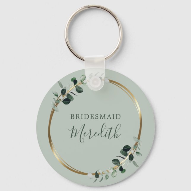 Bridesmaid Gift Eucalyptus Gold Monogram Sage Keychain (Front)