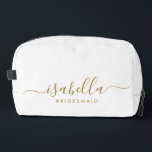 Bridesmaid Gift Gold Name Dopp Kit<br><div class="desc">This Bridesmaid accessory bag features a handwritten gold script typography with swashes on a midnight or white background. Present your bridesmaids with a toiletry bag for their makeup and small items traditionally presented at the rehearsal dinner, for use in the early morning before the wedding.</div>