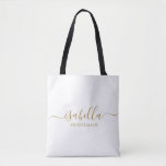 Bridesmaid Gift Gold Name Tote Bag<br><div class="desc">This Bridesmaid makeup and accessory bag features a handwritten gold script typography with swashes on a midnight or white background. Present your bridesmaids with a toiletry bag for their makeup and small items traditionally presented at the rehearsal dinner,  for use in the early morning before the wedding.</div>