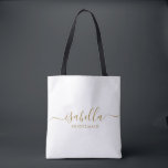 Bridesmaid Gift Gold Name Tote Bag<br><div class="desc">This Bridesmaid makeup and accessory bag features a handwritten gold script typography with swashes on a midnight or white background. Present your bridesmaids with a toiletry bag for their makeup and small items traditionally presented at the rehearsal dinner, for use in the early morning before the wedding.</div>
