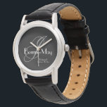 Bridesmaid Gift Grey Monogram White Details Black  Watch<br><div class="desc">Looking for Wedding Party Gifts for your Bridesmaid or Bridesmaids? Consider this classic stylish bridesmaids watch, with an elegant monogram initial, her name, title "Bridesmaid" (or whatever you want), and the date, all in a beautiful white font on a stainless steel black face women's classic black leather strap watch with...</div>