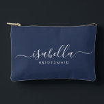 Bridesmaid Gift Midnight Blue Accessory Pouch<br><div class="desc">This Bridesmaid accessory bag features a handwritten white script typography with swashes on a midnight or navy blue background. Present your bridesmaids with a toiletry bag for their makeup and small items traditionally presented at the rehearsal dinner,  for use in the early morning before the wedding.</div>