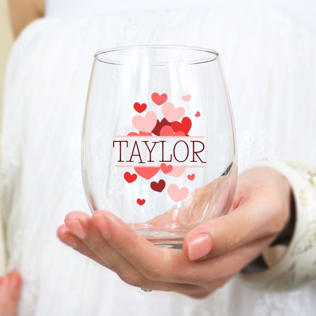 Bridesmaid Gift, Modern Elegant Monogram Stemless Wine Glass (stemless wineglass with pink red large small hearts in a split design customized with name )