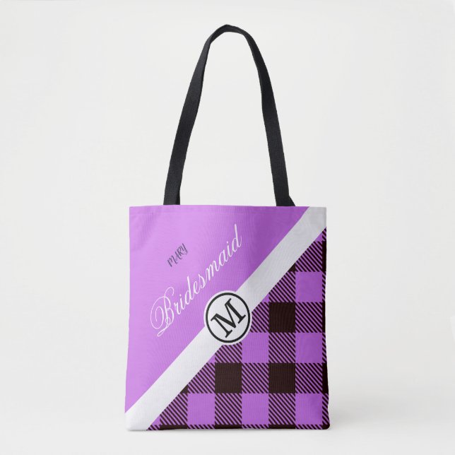 Bridesmaid Gift Orchid Plaid Tartan Personalized Tote Bag (Front)