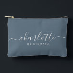 Bridesmaid Gift Print Cut Sew Accessory Slate Blue Accessory Pouch<br><div class="desc">This Bridesmaid accessory bag features a handwritten white script typography with swashes on a slate blue background. Present your bridesmaids with a toiletry bag for their makeup and small items traditionally presented at the rehearsal dinner,  for use in the early morning before the wedding.</div>