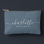 Bridesmaid Gift Print Cut Sew Accessory Slate Blue Pouch<br><div class="desc">This Bridesmaid accessory bag features a handwritten white script typography with swashes on a slate blue background. Present your bridesmaids with a toiletry bag for their makeup and small items traditionally presented at the rehearsal dinner,  for use in the early morning before the wedding.</div>