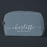 Bridesmaid Gift Print Cut Sew Bag<br><div class="desc">This Bridesmaid accessory bag features a handwritten white script typography with swashes on a slate blue background. Present your bridesmaids with a toiletry bag for their makeup and small items traditionally presented at the rehearsal dinner, for use in the early morning before the wedding.</div>