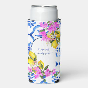 Bridesmaid gifts blue tiles bougainvilleas custom seltzer can cooler