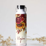 Bridesmaid gifts burgundy roses sunflowers  custom water bottle<br><div class="desc">Burgundy roses yellow sunflowers autumn foliage yellow ombre background floral personalized water bottle bridal party gifts,  bridesmaid gifts,  practical gifts for any occasion.</div>