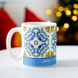 Bridesmaid gifts favours blue Majolica tiles custo Coffee Mug<br><div class="desc">Bridesmaid gifts favours blue Majolica tiles custom personalized name mug. Beautiful bright vibrant colours make a wonderful keepsake gift for your special friends.</div>