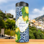 Bridesmaid gifts favours blue tiles lemon Amalfi Thermal Tumbler<br><div class="desc">Bridesmaid gifts Blue tiles and lemon Amalfi Positano Mediterranean style bridal party favours personalized name custom thermal tumbler,  Morocco style carved border. Makes a lovely keepsake gift for your special guests.</div>