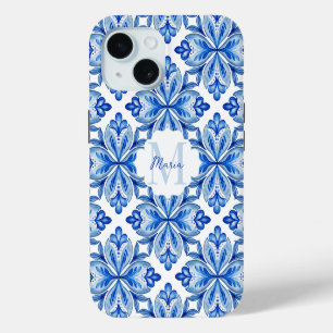 Bridesmaid gifts Italian Blue tiles monogram  iPhone 15 Case