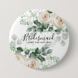 Bridesmaid Gifts White Roses Theme Personalized 3 Inch Round Button